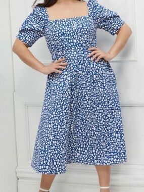 Eloquii Elements Blue White Abstract Dot Print Puff Sleeves Fit and Flare  Dress